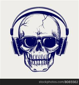 Skull sketch with headphones. Drawing ball pen skull sketch with headphones vector