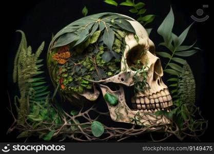 Skull surrounded by nature on black background. Generative AI