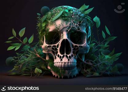 Skull surrounded by nature on black background. Generative AI