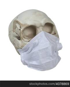 Skull with eye sockets wearing a whitle medical mask - path included