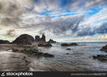 sky above rocks and stony coast. Sea landscape