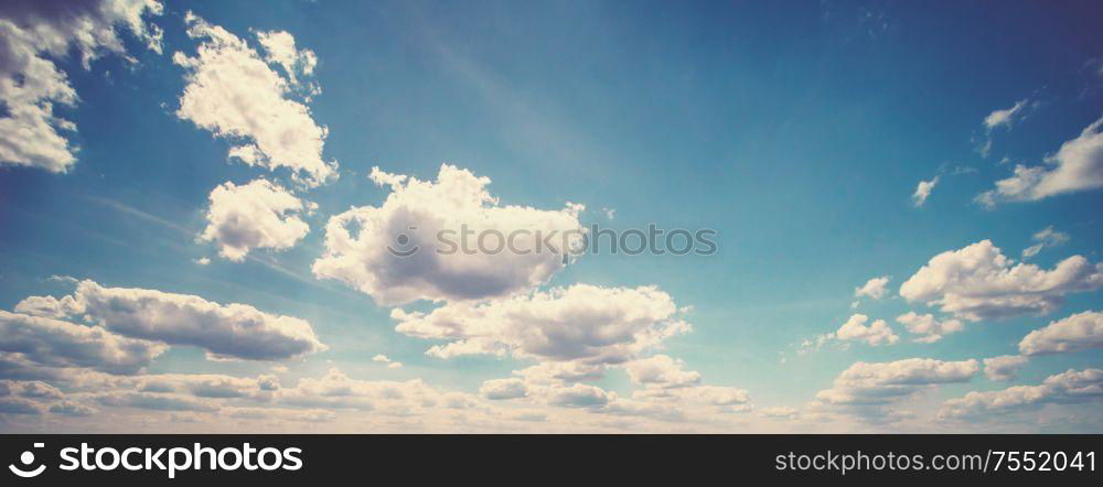 Sky and clouds summer panorama. Outdoor background. Sky and clouds summer panorama