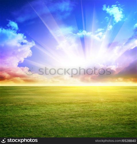 Sky and green meadow. Sky and green meadow. Summer background outdoor scene. Sky and green meadow