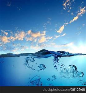 Sky and sea water wave with bubbles illustration
