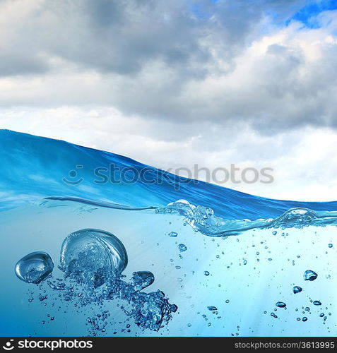 Sky and sea water wave with bubbles illustration