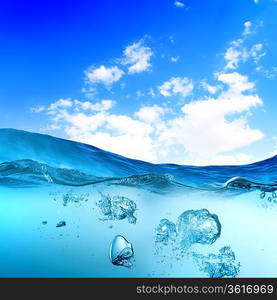 Sky and sea water wave with bubbles illustration