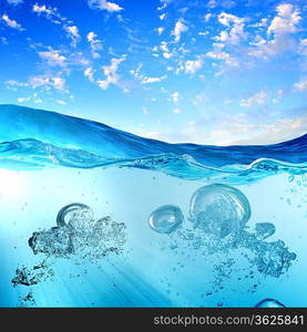 Sky and sea water wave with bubbles illustration