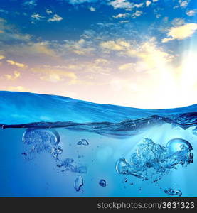 Sky and sea water wave with bubbles illustration