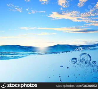 Sky and sea water wave with bubbles illustration