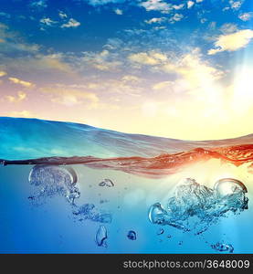 Sky and sea water wave with bubbles illustration