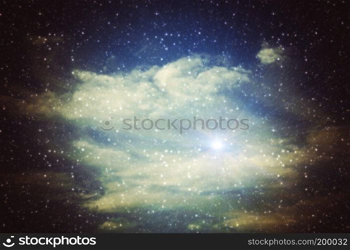 Sky background with clouds and stars, flares effect used, edited photo.