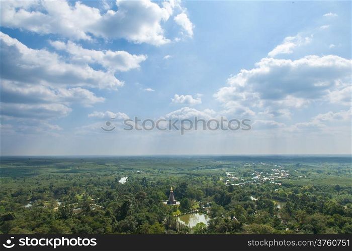 sky cloud and forest.wider area is visible from the top corner. Pagoda and large living areas.