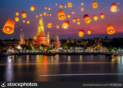 Sky lanterns in the evening sky. Thailand