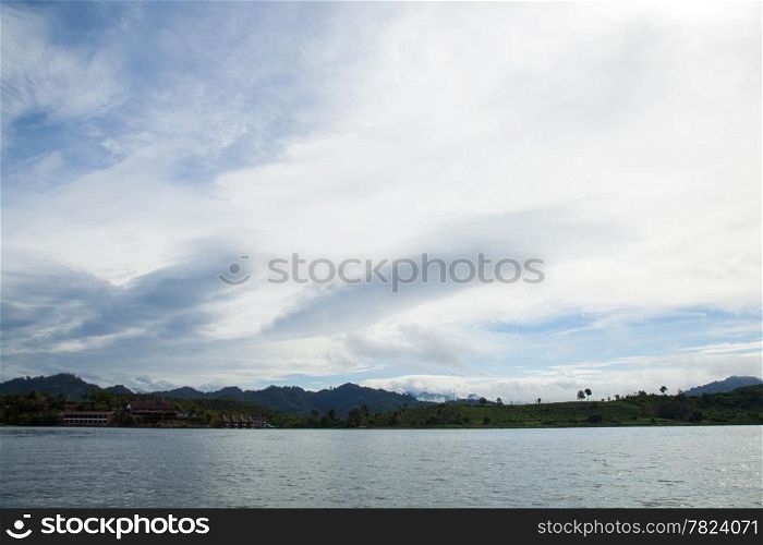 Sky, mountain and river views of nature. The Sangklaburi. In the early morning hours.