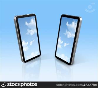 sky on two three dimensional connected mobile phones - screens clipping path. sky on two mobile phones
