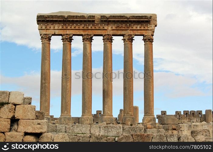 Sky with clouds and columns in roman temple Baalbeck, Lebanon