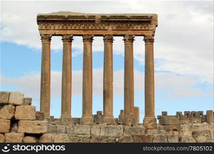 Sky with clouds and columns in roman temple Baalbeck, Lebanon