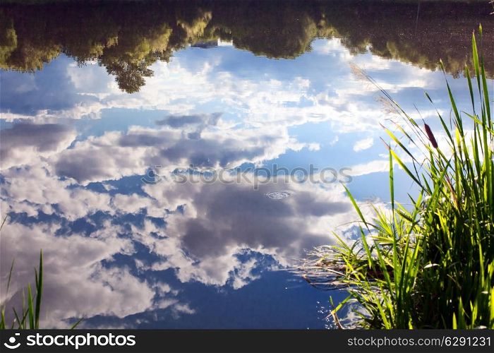 Sky with clouds reflecting in the water of the lake