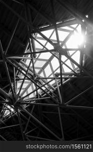 Skylight window - industrial construct. Black and white architectural photography