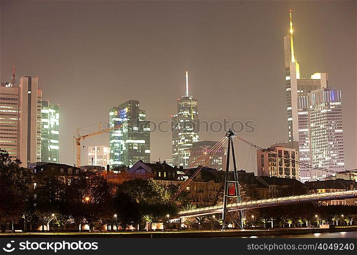 Skyline and Main River at night, Frankfurt, Germnay