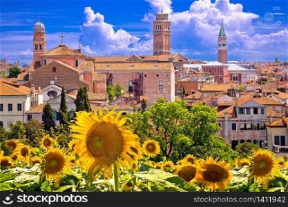 Skyline and rooftops of Venice view from sunflower terrace, famous tourist destination in Veneto region of Italy