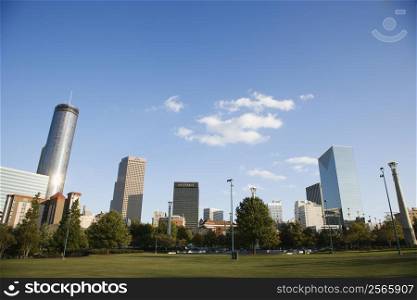 Skyline behind Centennial Olympic Park in downtown Atlanta, Georgia.