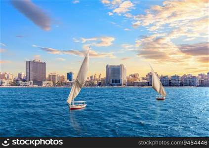 Skyline of Alexandria and the Mediterranean seacoast of Egypt.