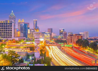 Skyline of Atlanta city at sunset in Georgia, USA