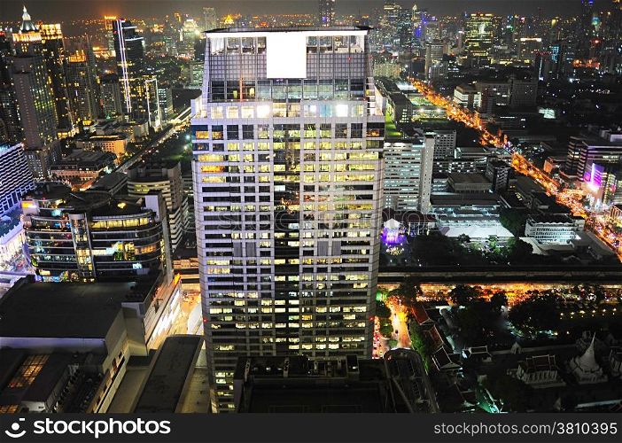 Skyline of Bangkok at night. Aerial view. Thailand