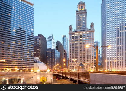 Skyline of buildings at downtown Chicago at dusk, Illinois, USA