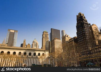 Skyline of buildings at midtown Manhattan from Bryant Park, New York City, USA