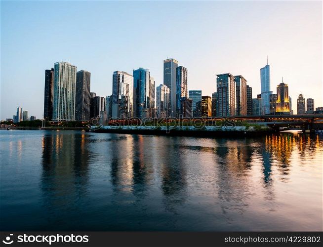 Skyline of Chicago from the Navy Pier at sunset