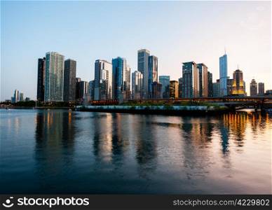 Skyline of Chicago from the Navy Pier at sunset