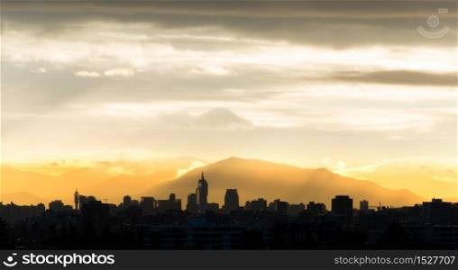 Skyline of city downtown at sunset, Santiago de Chile, South America