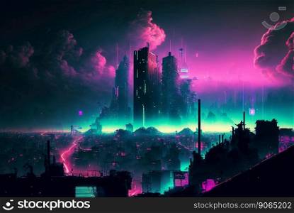 Skyline of cyberpunk neon city at night. Fog and glowing lights. Generative AI.. Skyline of cyberpunk neon city at night. Fog and glowing lights. Generative AI