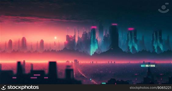 Skyline of cyberpunk neon city at night. Fog and glowing lights. Generative AI.. Skyline of cyberpunk neon city at night. Fog and glowing lights. Generative AI