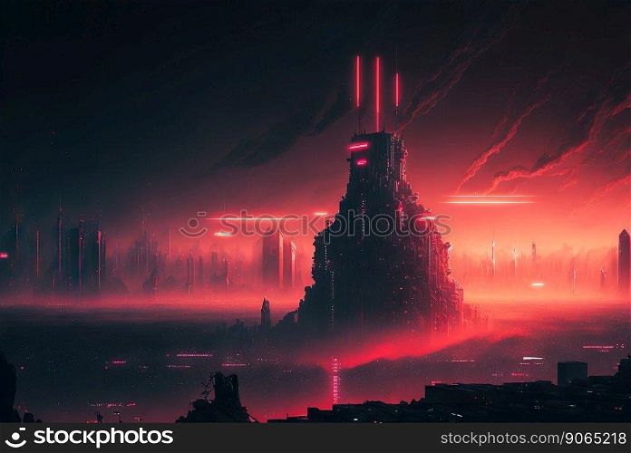 Skyline of cyberpunk red neon city at night. Giant skyscrapers emerge from fog. Generative AI.. Skyline of cyberpunk red neon city at night. Giant skyscrapers emerge from fog. Generative AI