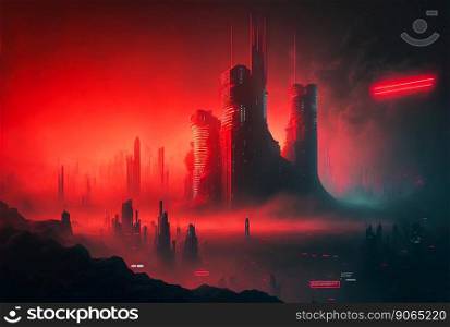 Skyline of cyberpunk red neon city at night. Giant skyscrapers emerge from fog. Generative AI.. Skyline of cyberpunk red neon city at night. Giant skyscrapers emerge from fog. Generative AI