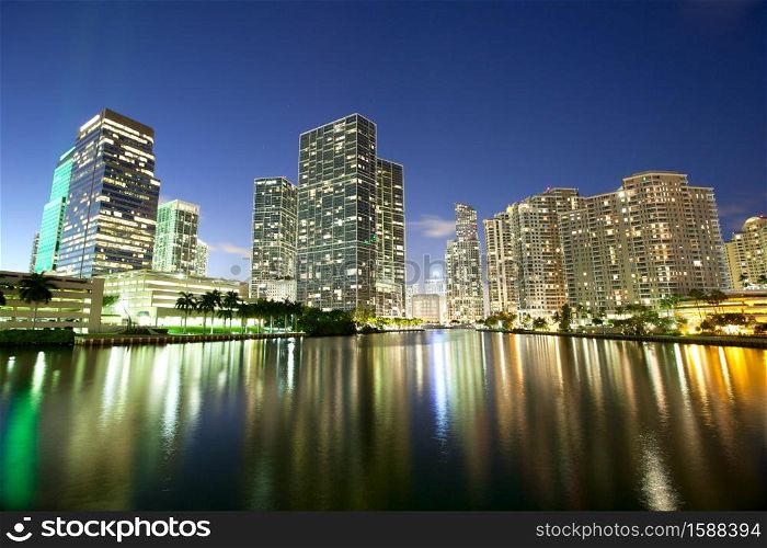 Skyline of downtown and Brickell Key at night, Miami, Florida, USA