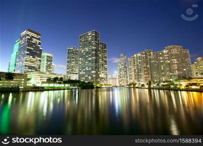 Skyline of downtown and Brickell Key at night, Miami, Florida, USA