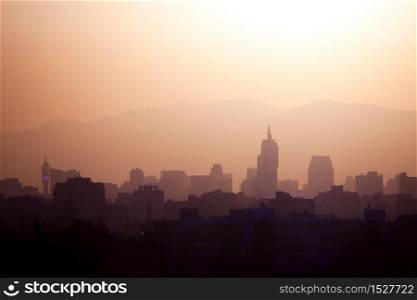 Skyline of downtown Santiago de Chile at sunset