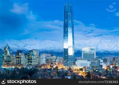 Skyline of financial district in Las Condes with Los Andes Mountains in the back, Santiago de Chile