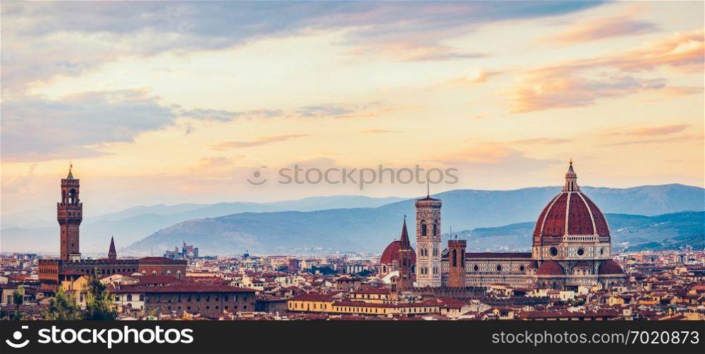 Skyline of Florence, ancient city in Italy. Saint Mary of the Flowers Cathedral, Cattedrale di Santa Maria del Fiore, Firenze.. Skyline of ancient city of Florence, Italy.