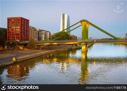 Skyline of Frankfurt with Main river, Green Bridge and European Central Bank in the background. Frankfurt, Germany
