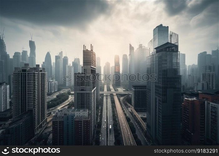 skyline of futuristic metropolis with towering glass and steel buildings, created with generative ai. skyline of futuristic metropolis with towering glass and steel buildings