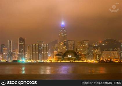Skyline of Hong Kong business downtown at night
