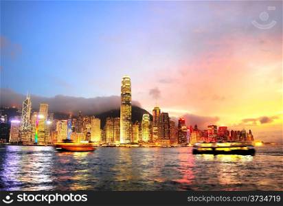 Skyline of Hong Kong island at colorful dusk