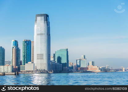 Skyline of Jersey City on bright summer day