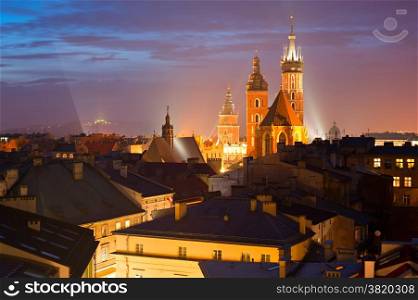 Skyline of Krakow with St. Mary&rsquo;s Church at the Main Market Square