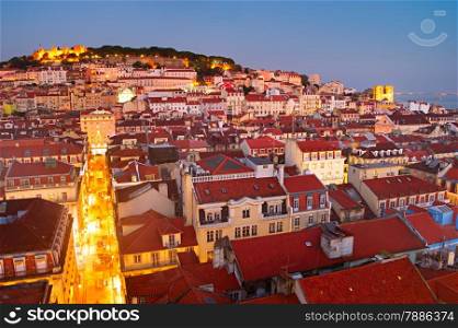 Skyline of Lisbon Old Town at dusk. Aerial view. Portugal